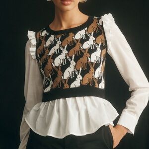 Anthropologie Maeve Ruffled Twofer Sweater Vest Rabbit Bunny Long Sleeve L